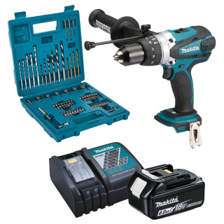 Makita DHP458Z 18V LXT Combi Drill, 6.0Ah Battery, Charger & 60 Piece Drill and Screw Bit Set